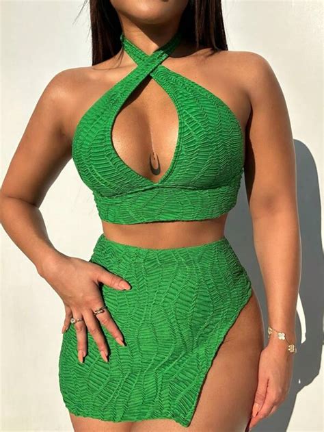 Shein Swim Vcay Plain Criss Cross Bikini Swimsuit With Beach Skirt