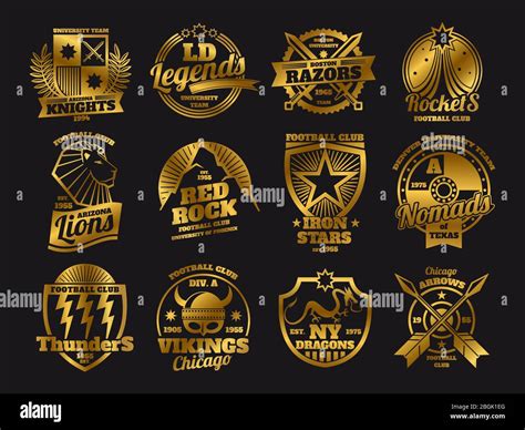 Gold school emblems, college athletic teams sports labels of collection ...