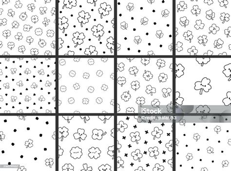 Cute Kawaii Lucky Clover Seamless Pattern Coloring Page Cartoon Funny Characters Hand Drawn