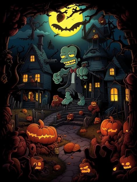 A cartoon of the simpsons zombie with a pumpkin in the background. | Premium AI-generated image