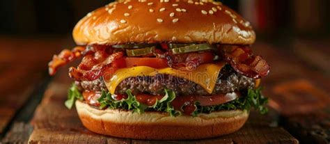 Delicious Bacon Cheeseburger With Lettuce And Tomato On Wooden Table