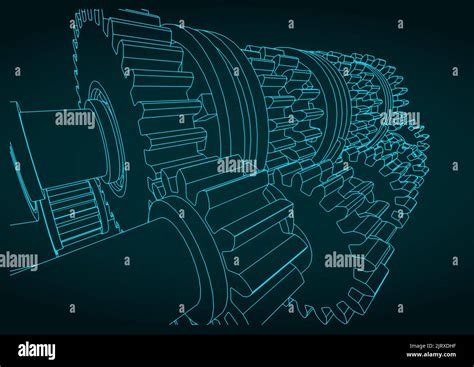 Stylized Vector Illustration Of Drawings Of Gearbox Close Up Stock