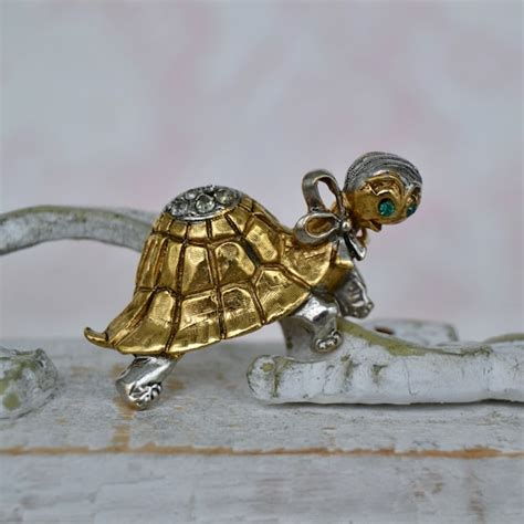 Vintage Turtle Brooch Wearing A Bow With Rhinestone E Gem