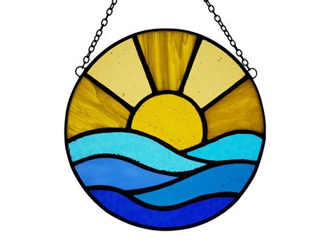 Ocean And Sun Round Stained Glass Suncatcher Panel Etsy