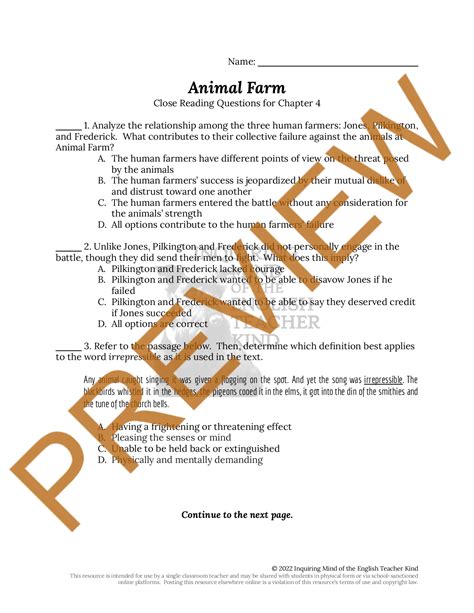 Animal Farm Chapter 4 Close Reading Worksheet | Teaching Resources