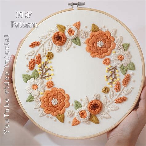 Pdf Pattern Video Tutorial Orange Wreath Hand Embroidery Pattern