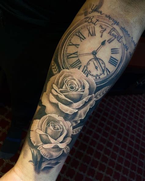 Clock and Roses Tattoo | Tattoos, Black and grey tattoos, Grey tattoo