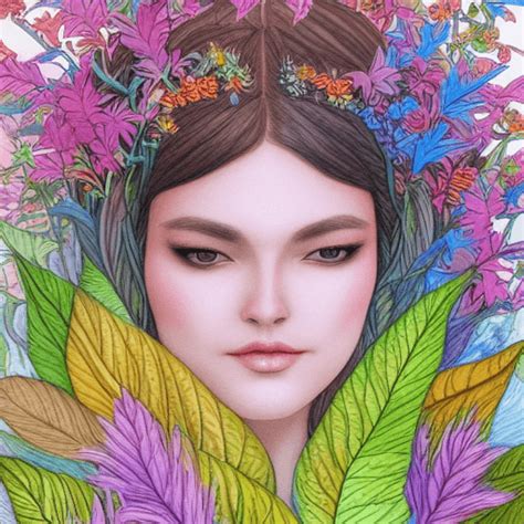 Elegant Hyperrealistic Adorable Woman And Magical Foliage Fantasy Made