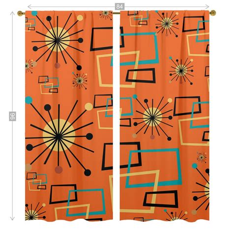 Mid Century Modern Orange Curtains Starburst Geometric Retro Window