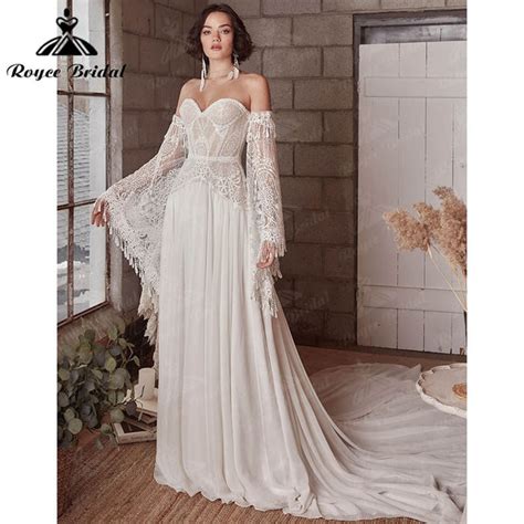 A Line Boho Bohemia Wedding Dress Long Flare Sleeve Lace Chiffon Backl Roycebridal Official Store