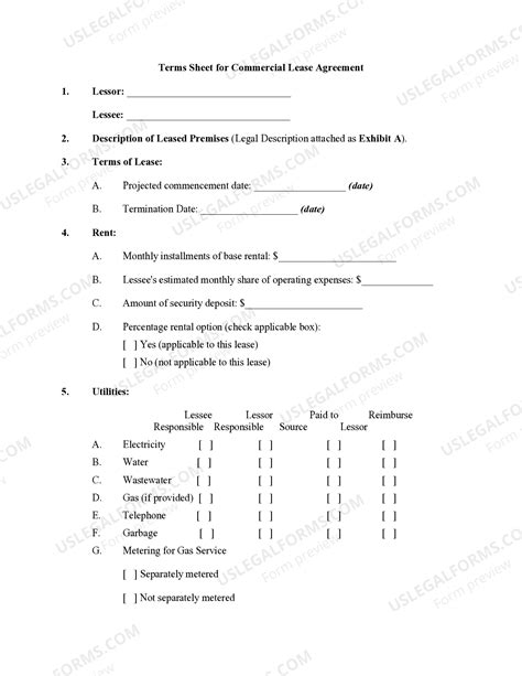 West Virginia Terms Sheet for Commercial Lease Agreement - Commercial