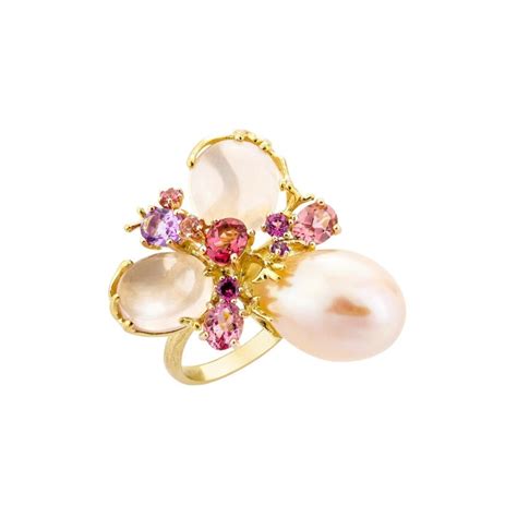 Bague Romance Divine En Or Jaune 18 Carats Perle Et Quartz Rose EU54