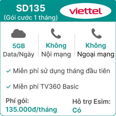 Sim Viettel SD135 5GB Ngày Gói cước 1 thàng Giá rẻ tiết kiệm ưu