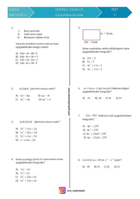 Sinif Ceb Rsel Fadeler Konu Tarama Test Test Matematik