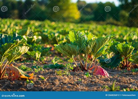 Fresh Rhubarb Growing In A Field At Sunrise Concepts Of Organic