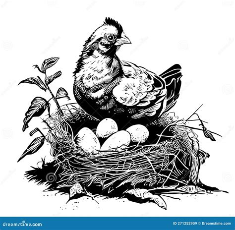 Hen Sitting In The Nest With Eggs Hand Drawn Sketch Vector Illustration