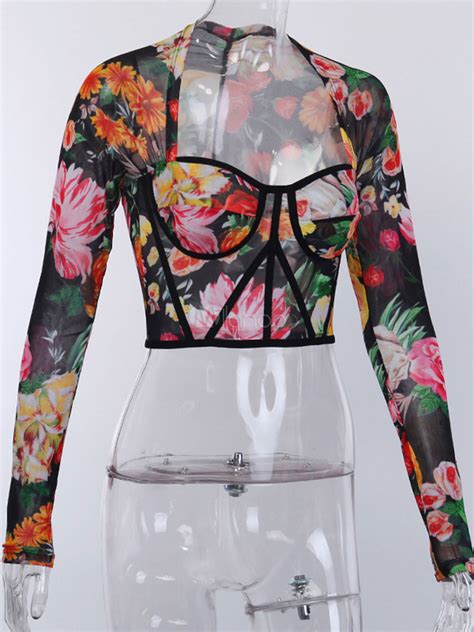 Women Crop Top Floral Print Corset Style Square Neck Long Sleeves Sexy