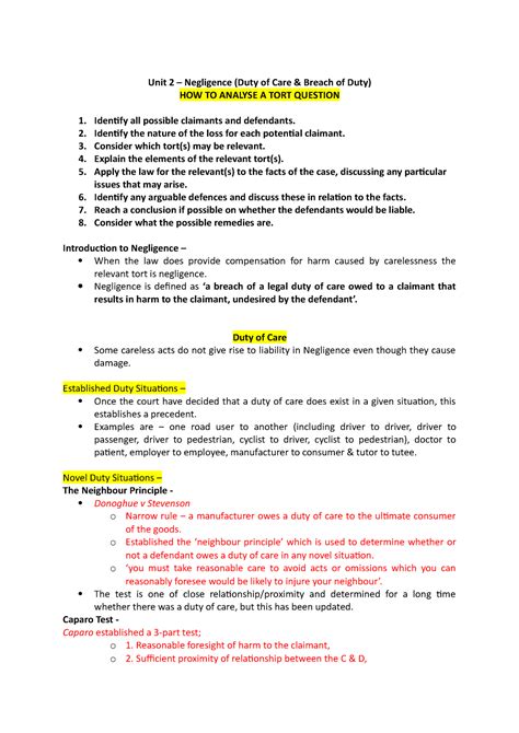 Tort Of Negligence Unit 2 Negligence Duty Of Care Breach Of Duty