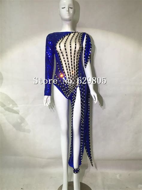 Shining Blue Sequins Outfit Sexy One Leg Bead Bodysuit Dance Clubwear