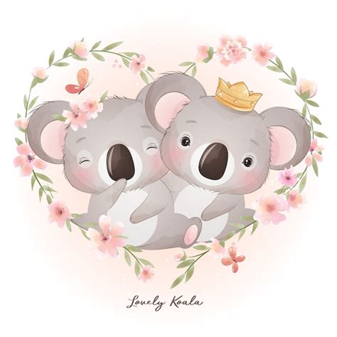 Ours Koala Mignon Doodle Avec Illustration Florale Vecteur Premium