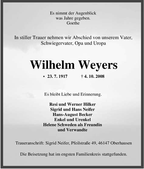 Traueranzeigen Von Wilhelm Weyers Trauer In Nrw De