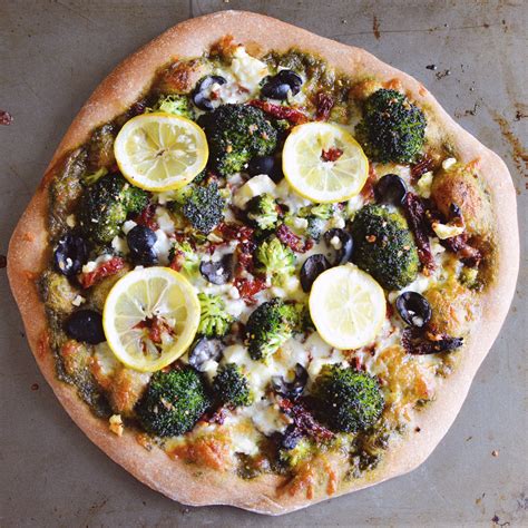 Fresh Broccoli Pizza With Cashew Basil Pesto And Sun Dried Tomatoes