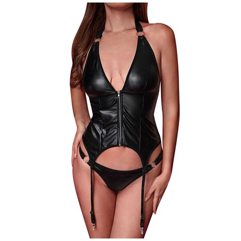 Qcmgmg Lingerie Sets Plus Size Backless Leather Sleepwear Womens