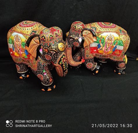 Multicolor Shrinath Art Gallery Wooden Fine Painting Elephant Pair For