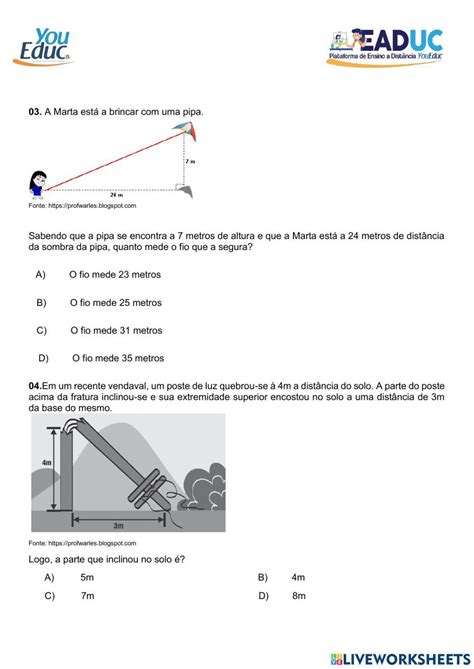 Teorema De Pitágoras Online Exercise For 9 Ano Live Worksheets