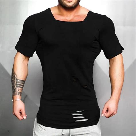 Muscleguys Brand New Fashion Solid Ripped T Shirt Mens Hip Hop