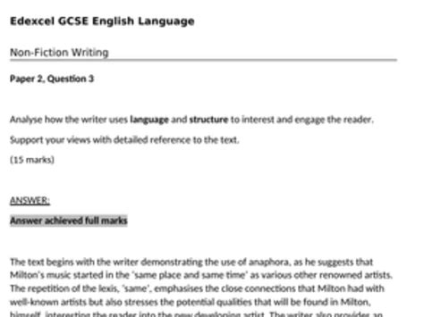 Edexcel Gcse English Language Paper 2 Question 3 Example Answer Teaching Resources