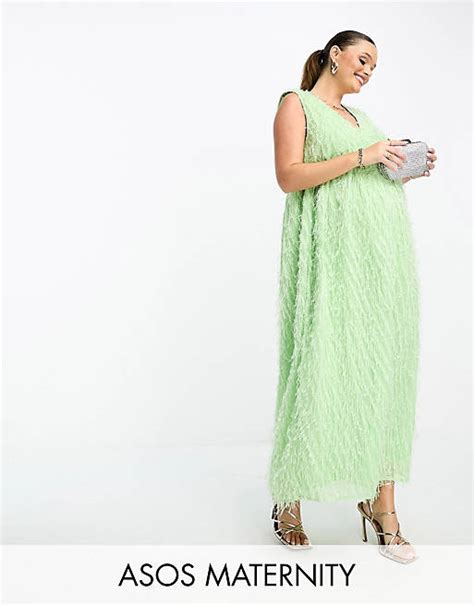 Asos Design Maternity Fluffy Shoulder Pad V Neck Tiered Midi Dress In