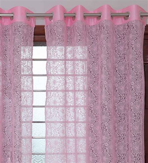 Buy Pink Floral Polyester Ft Sheer Eyelet Door Curtains Set Of By