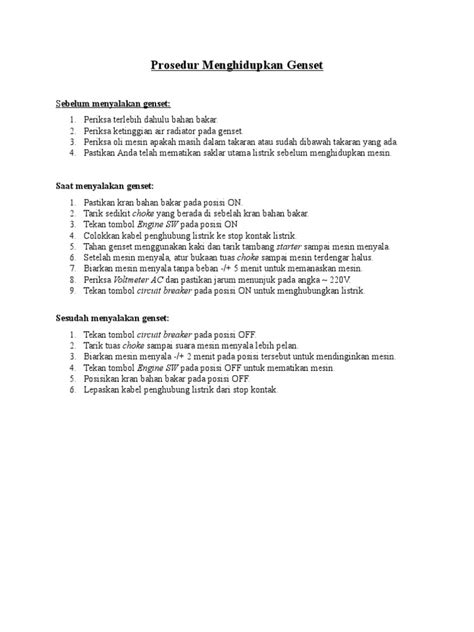 Prosedur Menghidupkan Genset Pdf