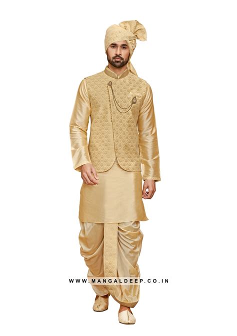 Magestic Jacquard Silk Kurta Dhoti With Nehru Jacket For Men