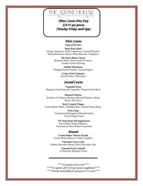 Prix Fixe Dinner Menu The Stone House