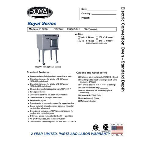 Royal Reco 1 Single Deck Electric Convection Oven Standard Depth