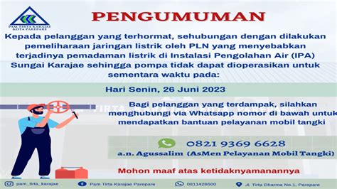 Ada Pemeliharaan Jaringan Pln Pam Tirta Karajae Parepare Umumkan