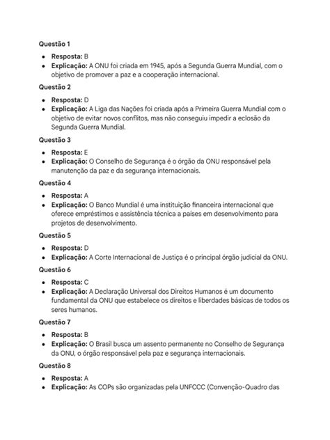 Questões Sobre A Onu - Questões e Respostas sobre a ONU | PDF