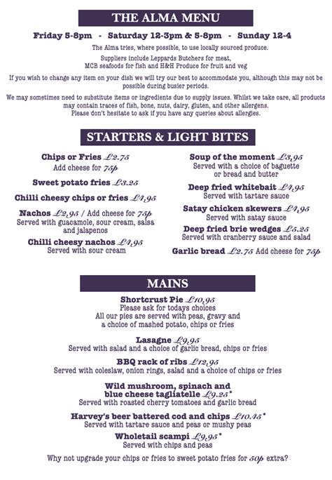 August Menu The Alma Arms