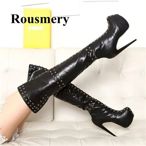 New Fashion Women Over The Knee Boots High Heels Rivets Decorated Round