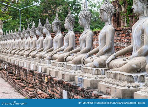 Row Of Buddha Statues At Wat Yai Chai Mongkhon Stock Image Image Of