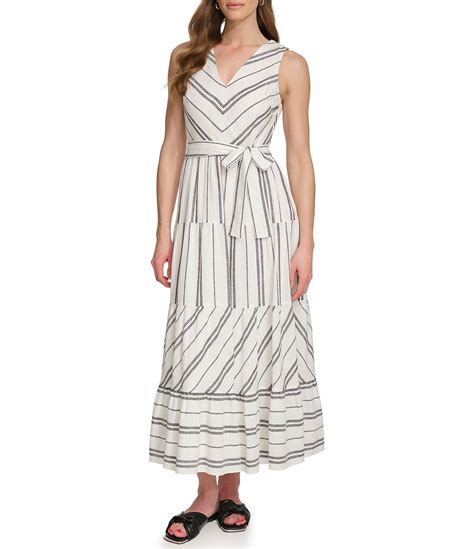 Dkny By Donna Karan Linen Stripe Print V Neck Sleeveless Tie Waist Maxi