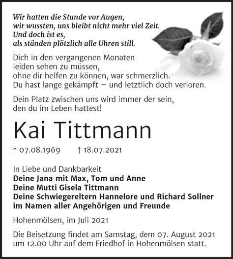 Traueranzeigen Von Kai Tittmann Abschied Nehmen De