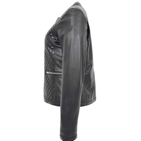 Women Collarless Soft Black Leather Jacket Biker Style Fitted Quilted