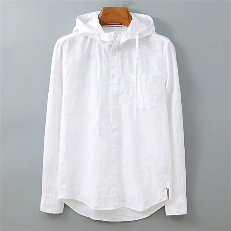 100pure Linen Men Long Sleeve Hooded Shirt Solid White Blue Etsy