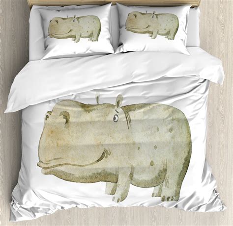 Hippo Queen Size Duvet Cover Set Watercolor Style Illustration Of Hand