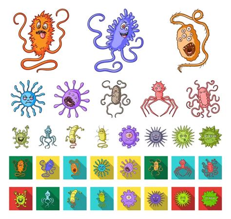 Tipos De Dibujos Animados De Microbios Divertidos Iconos Planos En La