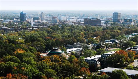 Aerial: Downtown Durham skyline from Duke University’s East Campus