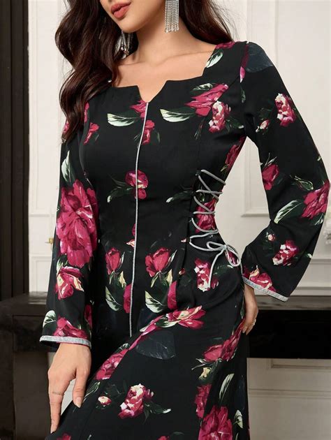 Shein Najma Women Floral Print Notched Neck Long Sleeve Side Lace Up